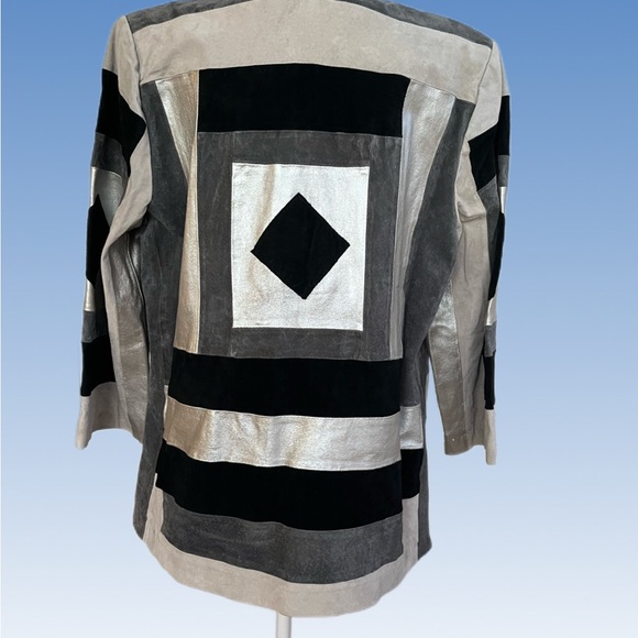 LEATHER Adrienne Landau Silver gray and Black  Geometric Blazer size M - Picture 2 of 16